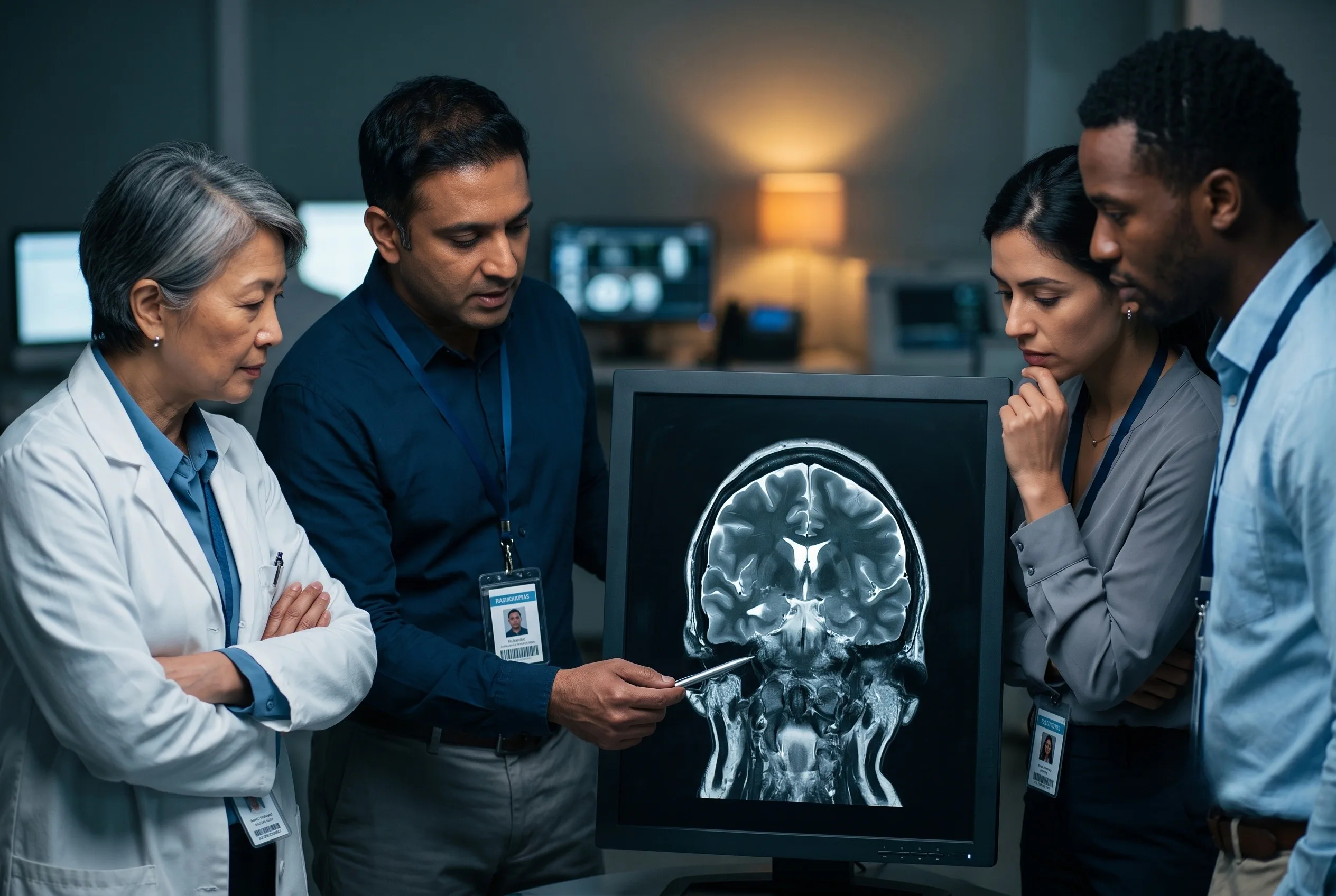 Healthcare professionals reviewing a brain MRI together
