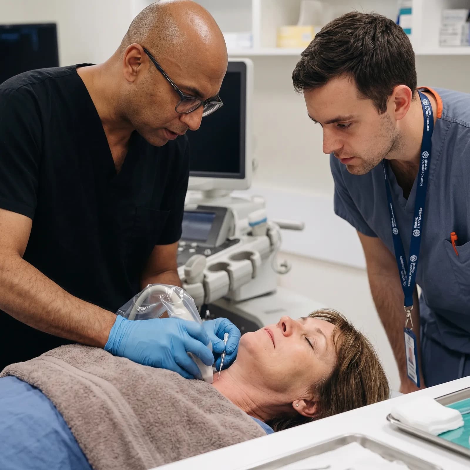 Demonstrating ultrasound-guided neck biopsy technique on a practice pad